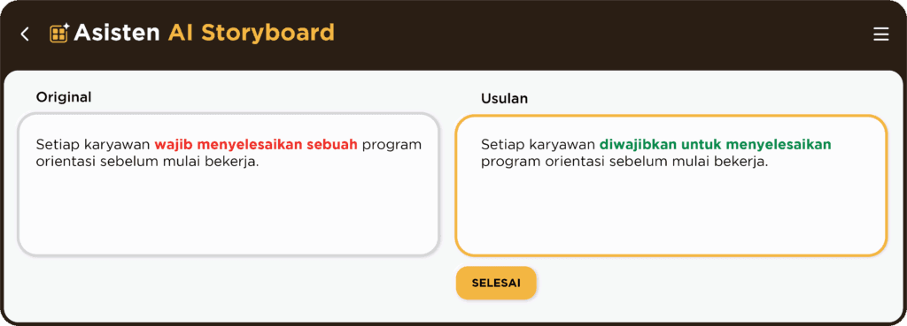 Asisten AI Storyboard menampilkan saran proofreading AI untuk voiceover atau teks di layar