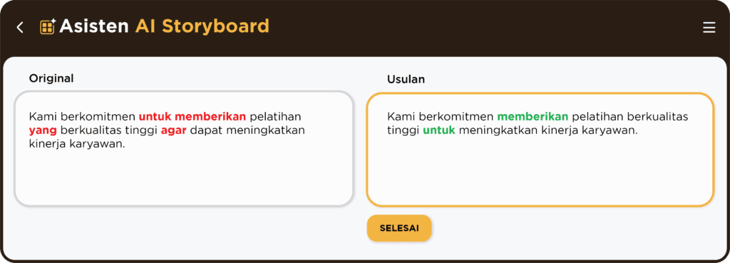 Asisten AI Storyboard menampilkan saran proofreading AI untuk voiceover atau teks di layar