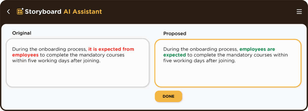 The AI Storyboard Assistant displays AI-powered proofreading suggestions for voiceovers or on-screen text.