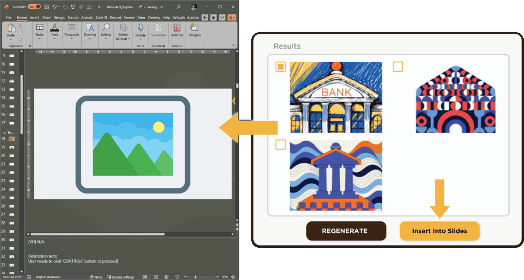 Tampilan berdampingan yang memperlihatkan file PowerPoint di sisi kiri dan Storyboard AI Assistant di sisi kanan