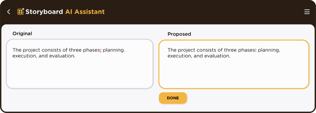 The AI Storyboard Assistant displays AI-powered proofreading suggestions for voiceovers or on-screen text.