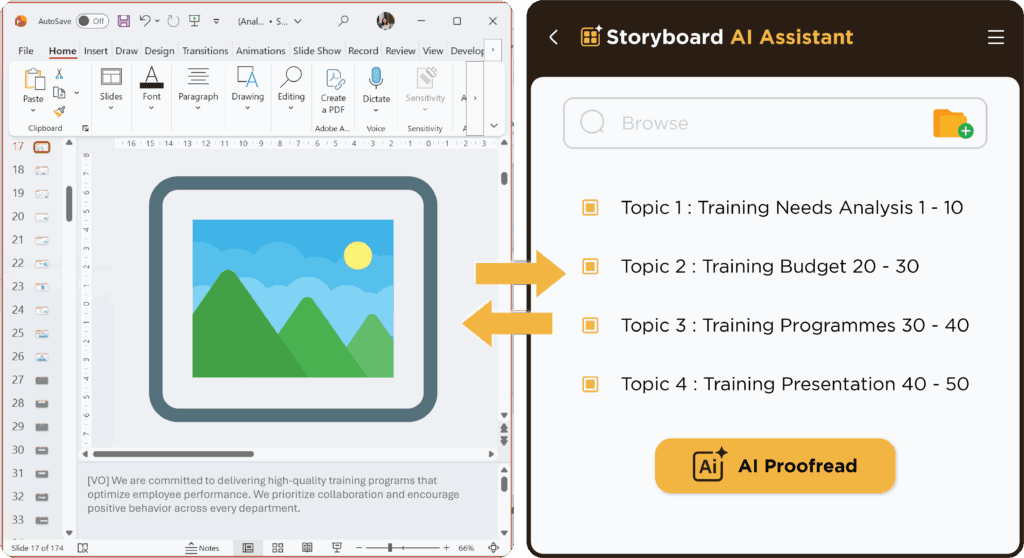 Storyboard AI Assistant working alongside a storyboard helping e-learning professionals