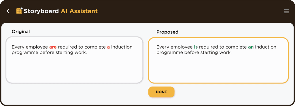 The AI Storyboard Assistant displays AI-powered proofreading suggestions for voiceovers or on-screen text.
