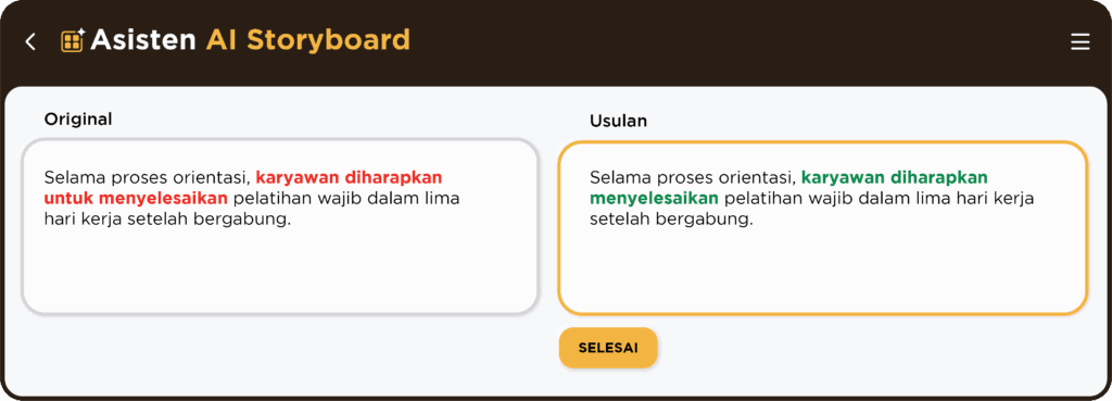 Asisten AI Storyboard menampilkan saran proofreading AI untuk voiceover atau teks di layar