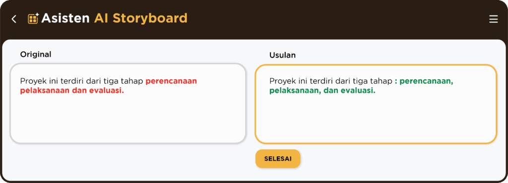 Asisten AI Storyboard menampilkan saran proofreading AI untuk voiceover atau teks di layar