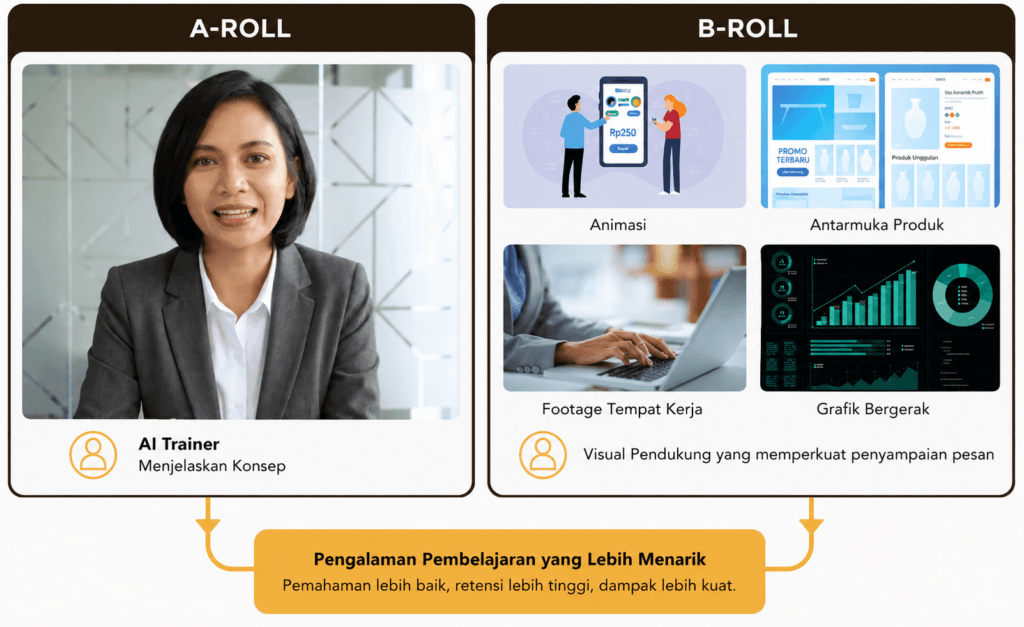 Ilustrasi yang membandingkan A-Roll berupa AI Trainer yang menjelaskan suatu konsep dengan B-Roll berupa animasi, antarmuka produk, rekaman tempat kerja, dan motion graphics untuk menciptakan pengalaman belajar yang lebih menarik.